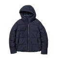 A dark navy blue hooded puffer jacket with a front zipper, displayed against a solid black background.