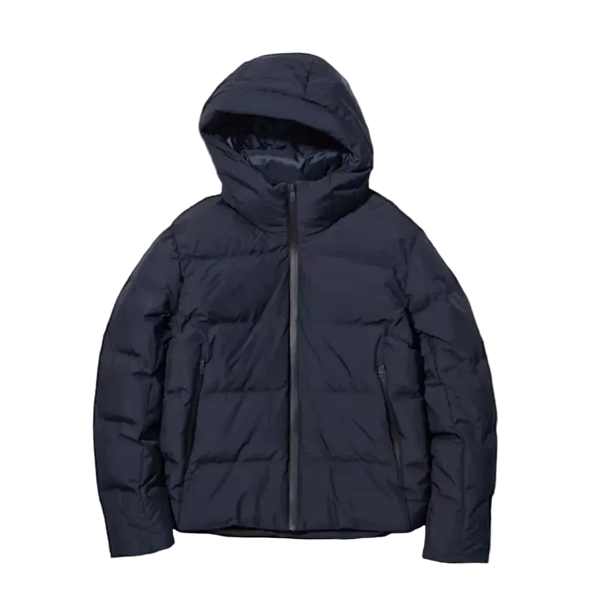 A dark navy blue hooded puffer jacket with a front zipper, displayed against a solid black background.